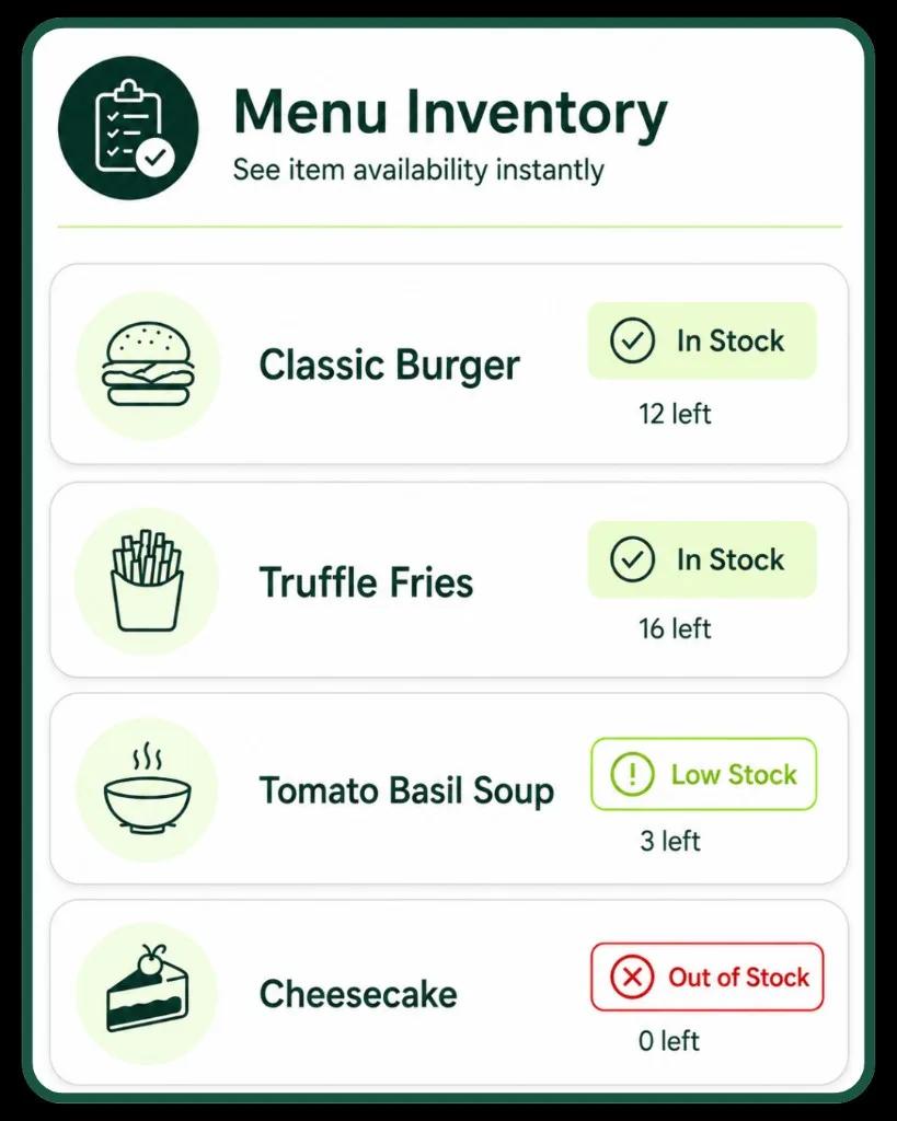 Clover menu inventory with stock status for menu items