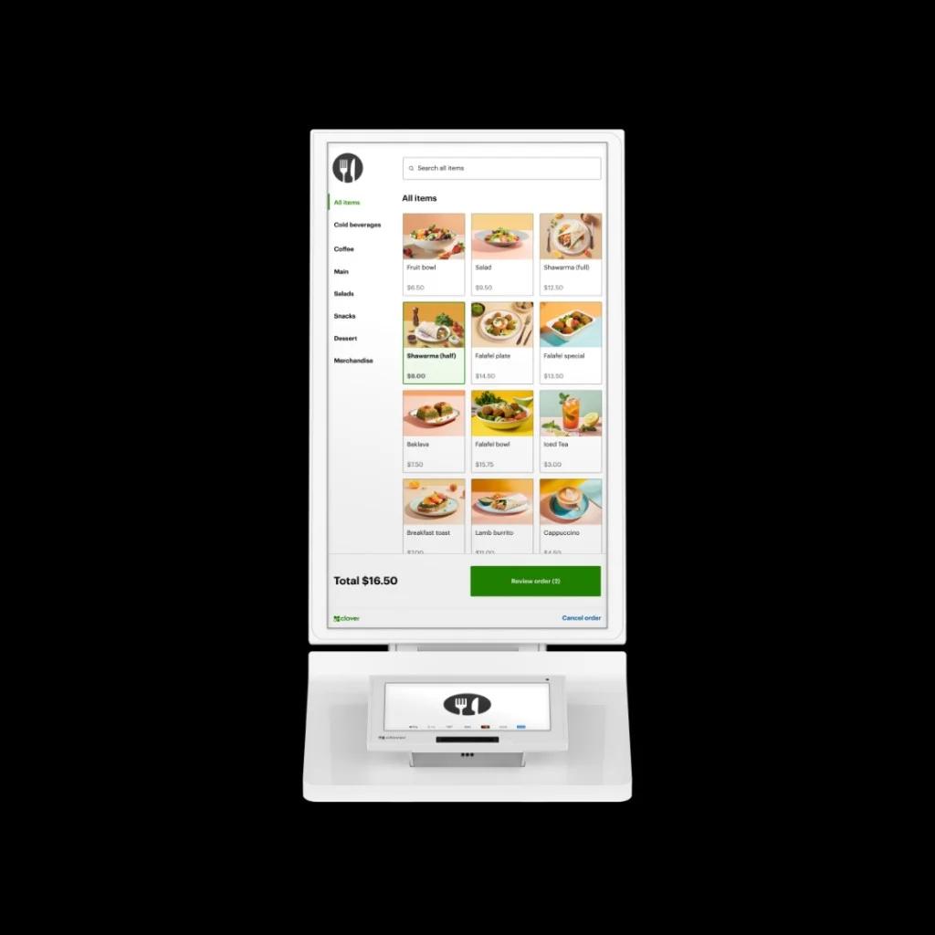 Clover Self-Ordering Kiosk with menu screen and payment terminal