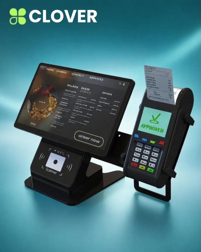 Clover Station Duo and Clover Station Pro dual-screen countertop POS with customer-facing display, receipt printer, and NFC payment terminal