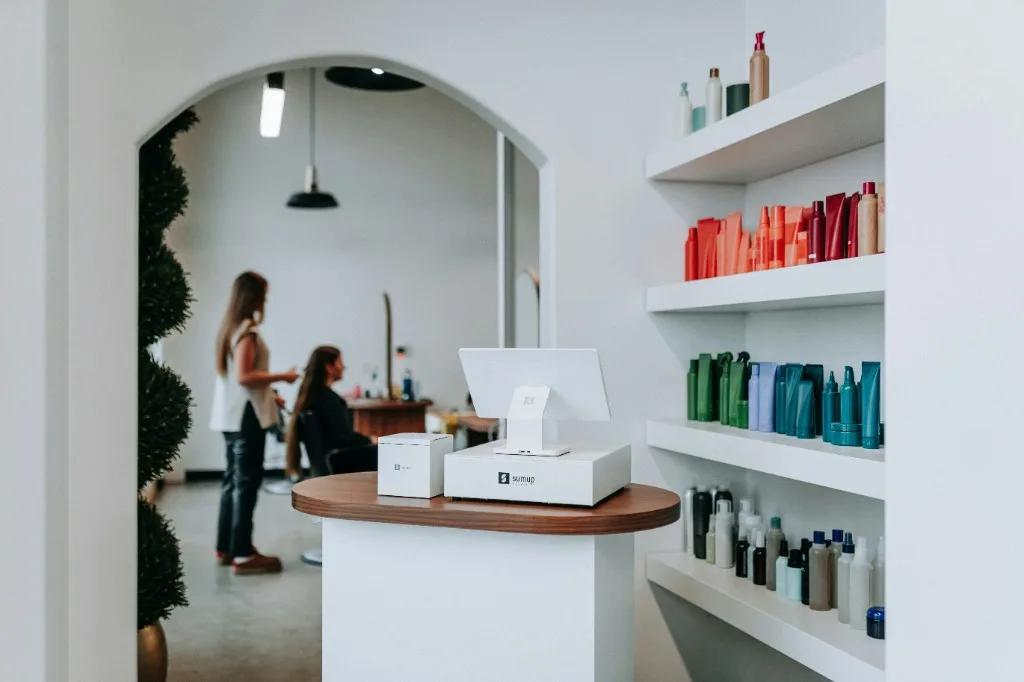 Modern salon POS counter with retail display